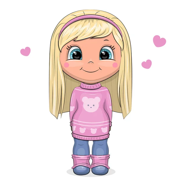 Cute Cartoon Girl Pink Sweater Bear Vector Illustration White Background — 图库矢量图片