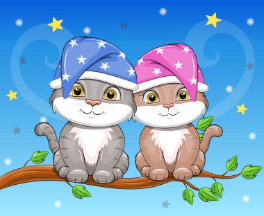 Bir çizgi film karakteri. Gece şapkalı bir çift kedi ağaçta oturuyor. Mavi arka planda yıldızlı hayvanların gece vektör çizimi.