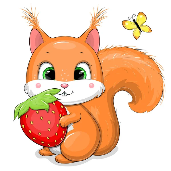 Cute Cartoon Squirrel Red Strawberry Yellow Butterfly Vector Illustration Animal — 스톡 벡터
