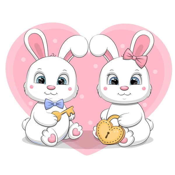 Cute Cartoon Couple White Rabbits Holding Lock Key Vector Illustration — Stock vektor