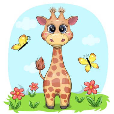 Cute cartoon giraffe with flowers and butterflies. Vector illustration of an animal in nature on a blue background.