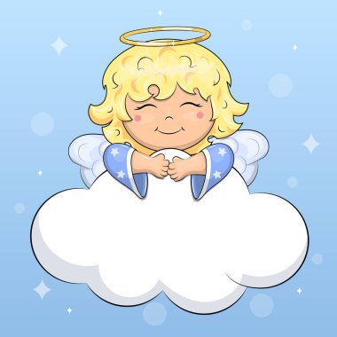 Bulutlu bir karikatür meleğinin yazılı olduğu bir kart. Mavi arkaplanda vektör illüstrasyonu.