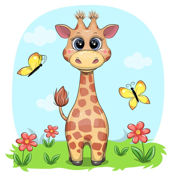 Cute Cartoon Giraffe Flowers Butterflies Vector Illustration Animal Nature Blue — 스톡 벡터