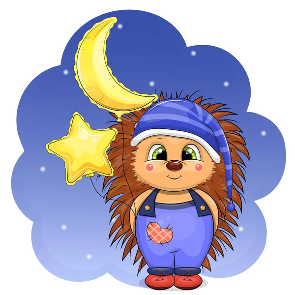 Cute Cartoon Hedgehog Nightcap Holding Moon Star Balloons Night Animal — 图库矢量图片