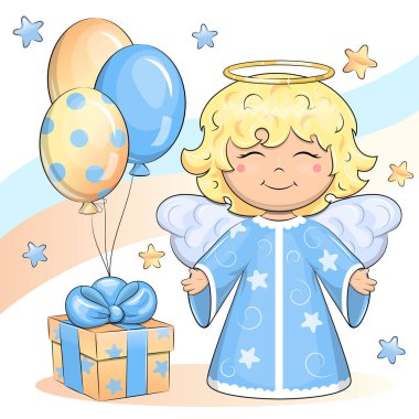 Hediyesi ve balonları olan sevimli çizgi roman meleği. Sarı ve mavi renkli kutlama vektörü illüstrasyonu.