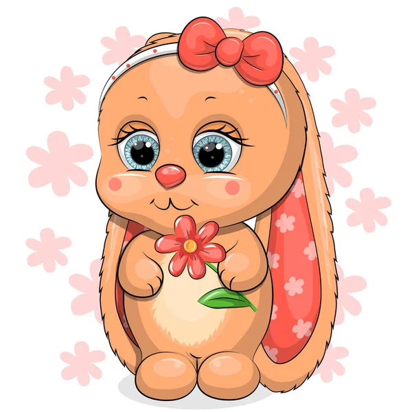 Cute Cartoon Rabbit Long Ears Holding Flower Vector Illustration Animal —  Vetores de Stock