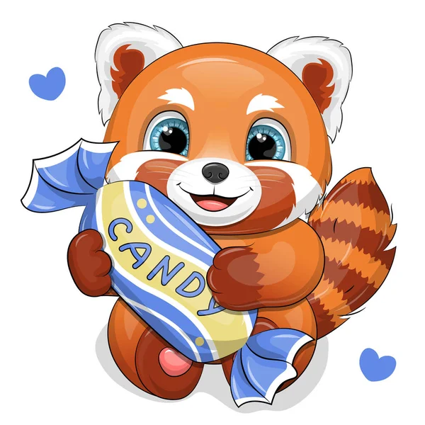 Cute Cartoon Red Panda Holding Blue Candy Vector Illustration Animal — 스톡 벡터