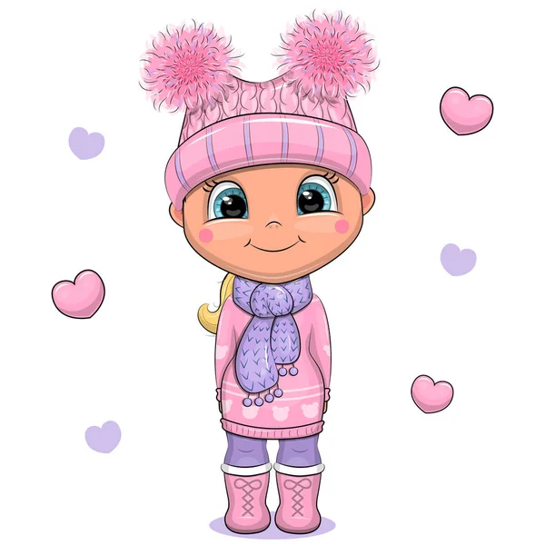 Cute Cartoon Girl Pink Hat Lilac Scarf Vector Illustration Animal — Διανυσματικό Αρχείο