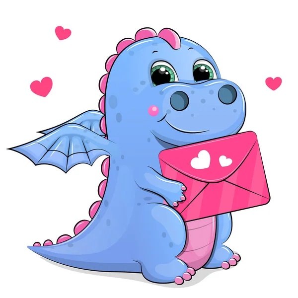 Cute Cartoon Blue Dragon Holding Love Letter Vector Illustration Animal — Stockvector