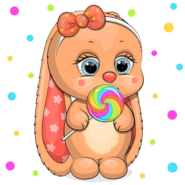 Cute Cartoon Bunny Big Lollipop Animal Vector Illustration White Background — Image vectorielle