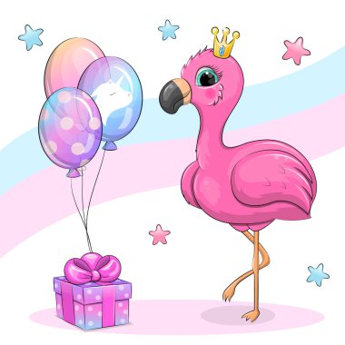 Hediye ve balonla taç takmış sevimli pembe flamingo çizgi filmi. Renkli arkaplanda bir kuşun vektör illüstrasyonu.