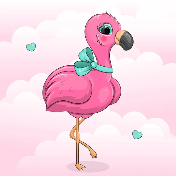 Cute Cartoon Pink Flamingo Green Bow Vector Illustration Bird Pink — Stockvektor