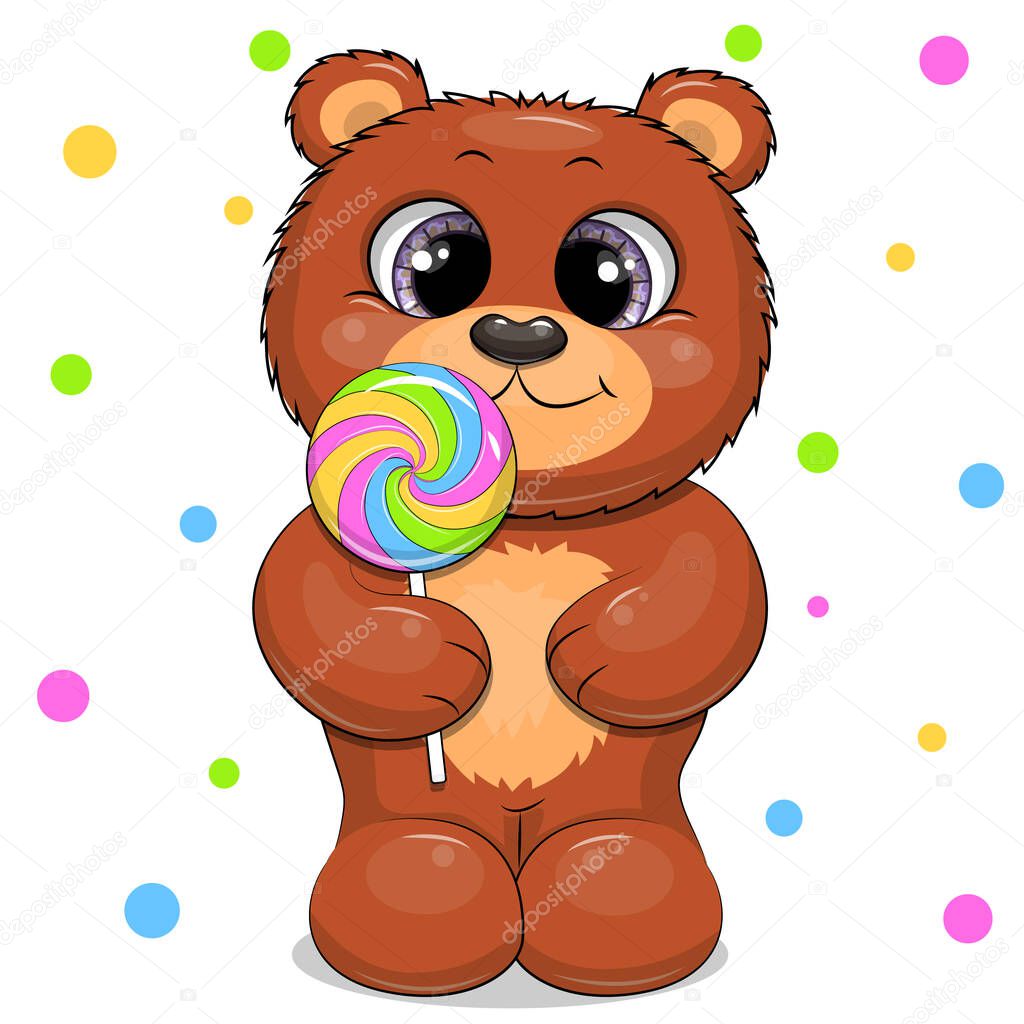 Cute cartoon brown bear holding candy. Vector illustration of an animal on a white background with colorful dots.