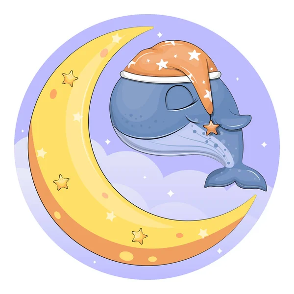 Cute Cartoon Sleeping Whale Wearing Nightcap Moon Sky Night Animal — Vector de stoc