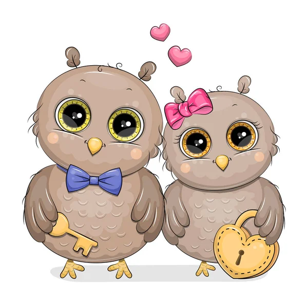 Cute Couple Cartoon Owls Lock Key Vector Illustration Birds White — Stockvektor