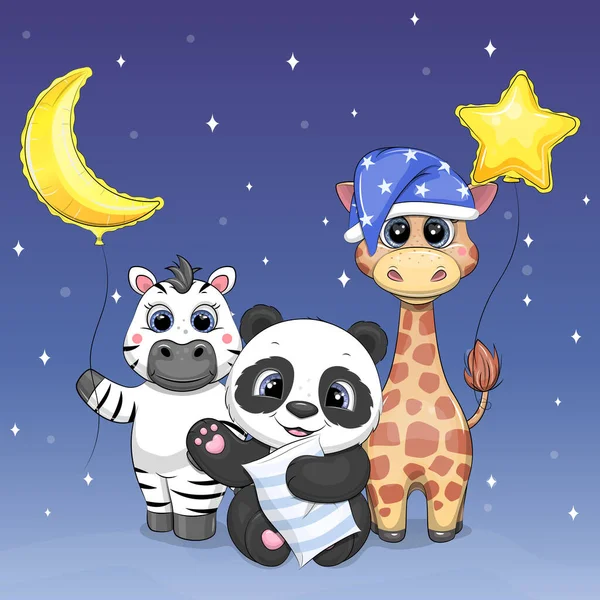 Cute Cartoon Animals Night Balloons Pillow Vector Illustration Panda Zebra — 스톡 벡터