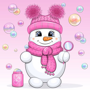 Cute cartoon snowman blowing bubbles. Winter vector illustration on the pink background.