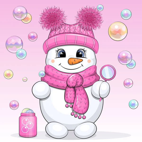 Cute Cartoon Snowman Blowing Bubbles Winter Vector Illustration Pink Background — Vector de stock