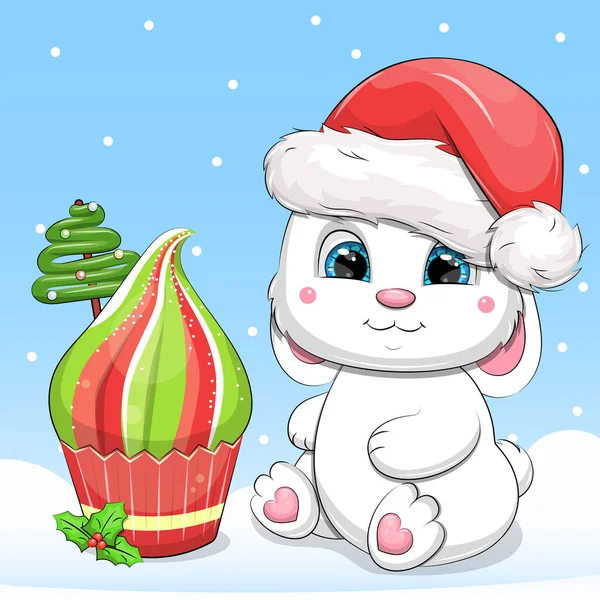 Cute Cartoon White Rabbit Santa Hat Sitting Next Christmas Cupcake — стоковый вектор