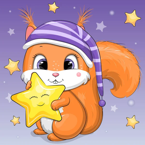 Cute Cartoon Squirrel Nightcap Holding Star Vector Illustration Animal Purple — Wektor stockowy