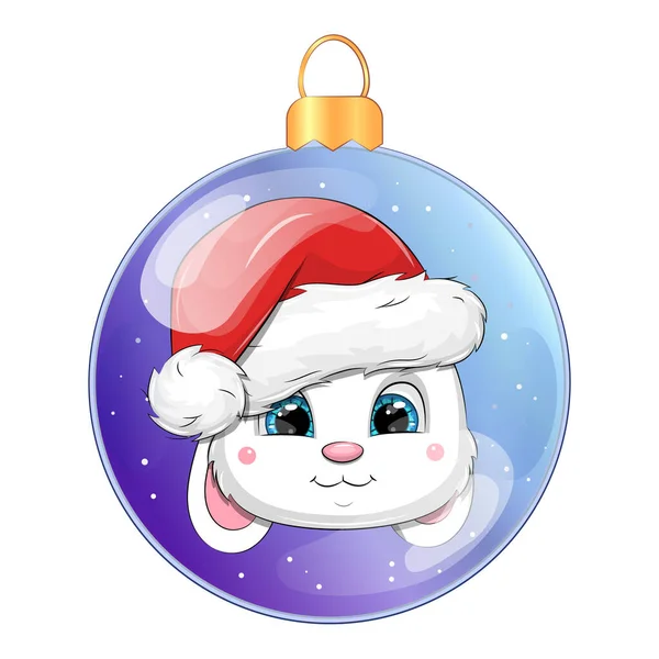 Christmas Ball Cartoon White Rabbit Santa Hat Vector Illustration Isolated — Stockový vektor