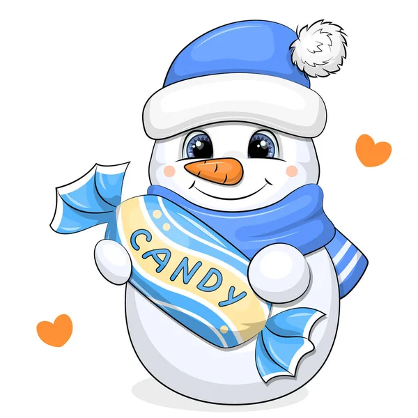 Cute Cartoon Snowman Blue Hat Scarf Holding Candy Bar Vector — ストックベクタ