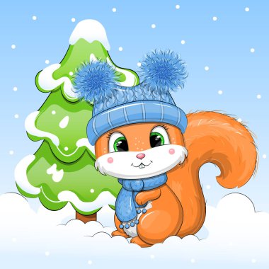 A cute cartoon squirrel in a winter hat and scarf sits next to the fir tree. Vector illustration of an animal on a blue background with snow.