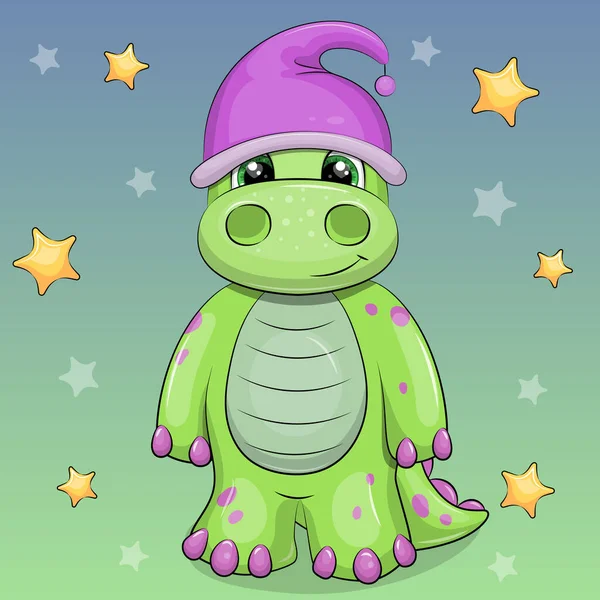 Cute Cartoon Dinosaur Wearing Nightcap Vector Illustration Green Animal Background — Vector de stock