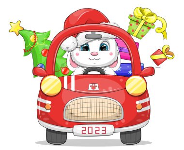 Cute cartoon red car with white rabbit, gifts and Christmas tree. New Year vector illustration isolated on white.