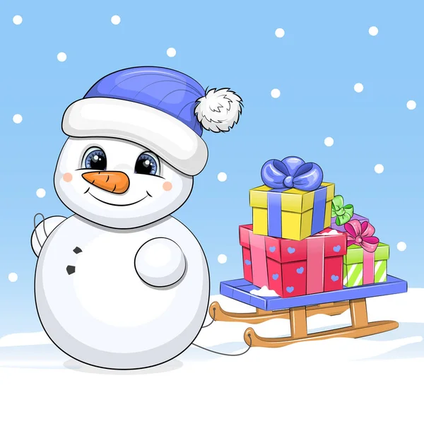 Cute Cartoon Snowman Blue Hat Christmas Gifts Sleigh Winter Vector —  Vetores de Stock
