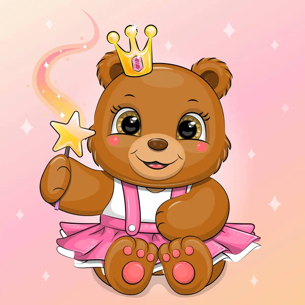 Cute Cartoon Fairy Bear Pink Skirt Yellow Crown Holding Magic — Vetor de Stock