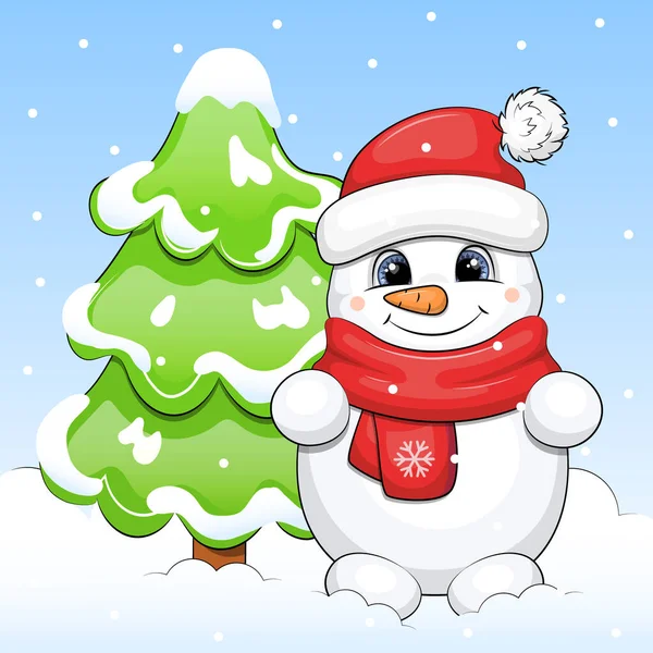 Cute Cartoon Snowman Red Hat Scarf Stands Fir Tree Winter — Wektor stockowy