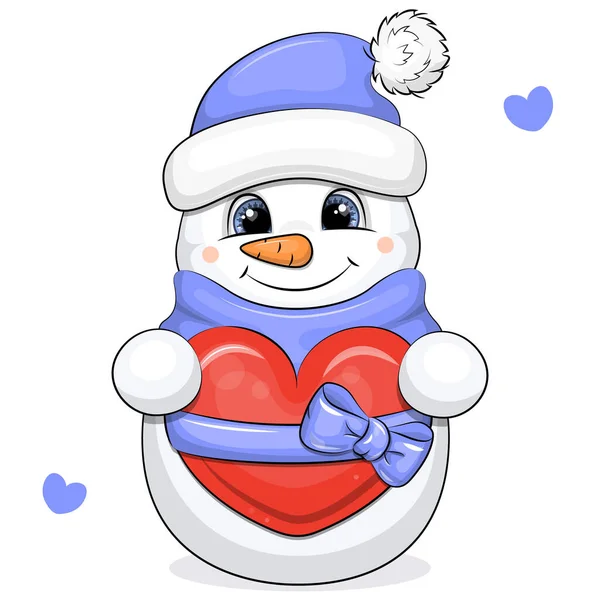 Cute Cartoon Snowman Blue Hat Scarf Holds Red Heart Blue — ストックベクタ