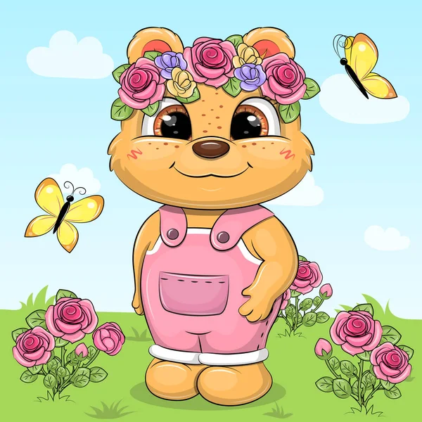 Cute Cartoon Bear Girl Flower Wreath Butterflies Vector Illustration Animal — Stockvektor