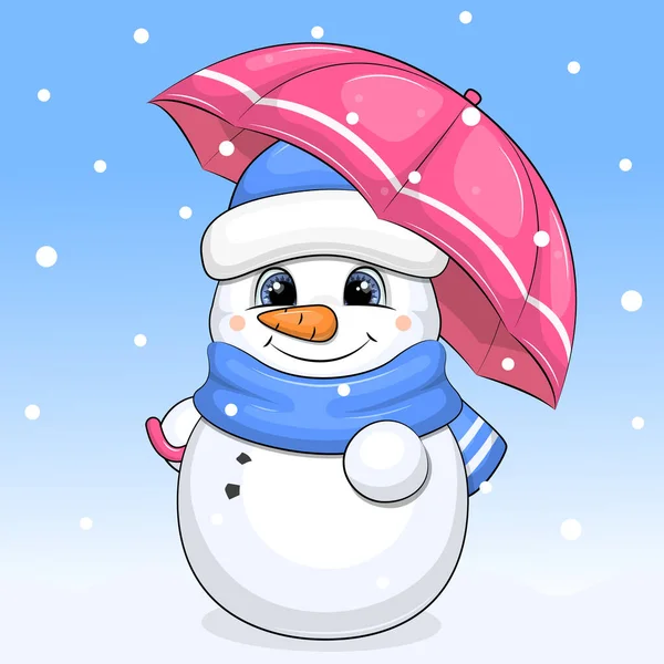 Cute Cartoon Snowman Blue Hat Scarf Holding Red Umbrella Winter — Wektor stockowy