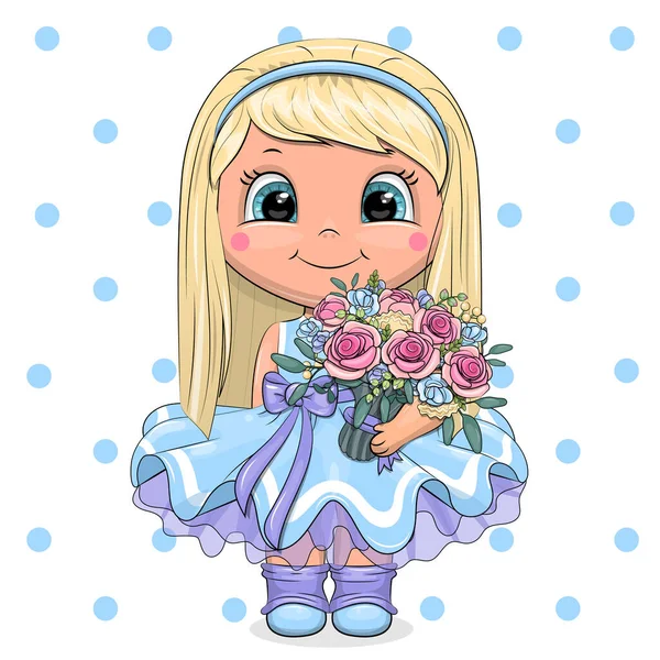 Cute Girl Blond Hair Blue Dress Purple Bow Holding Bouquet — Vetor de Stock