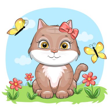 Cute cartoon cat with butterflies and a flower. Vector illustration of an animal in nature.
