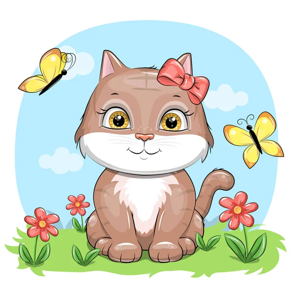 Cute Cartoon Cat Butterflies Flower Vector Illustration Animal Nature — Stock vektor