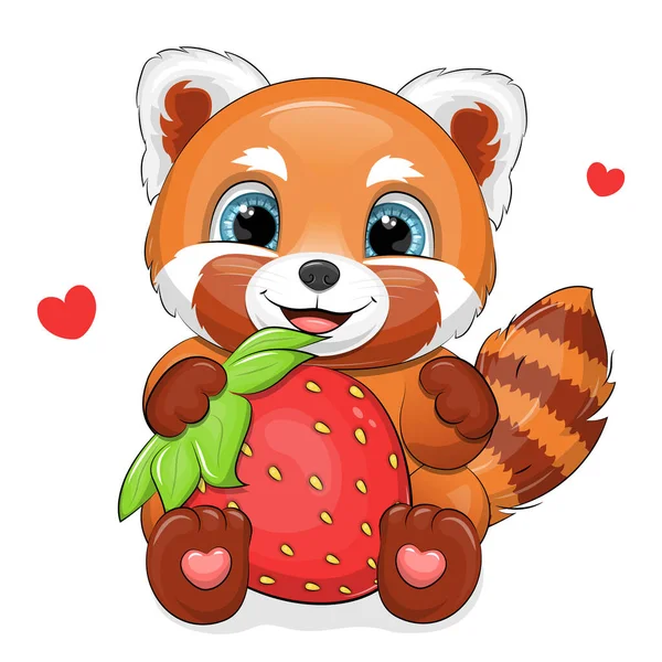 Cute Cartoon Red Panda Holds Strawberry Vector Illustration Animal White — Stockový vektor