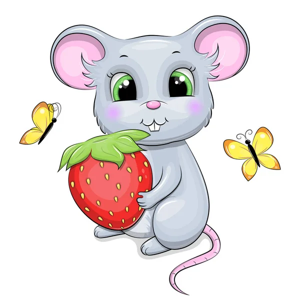 Cute Cartoon Mouse Holding Red Strawberry Vector Illustration Animal White — Image vectorielle