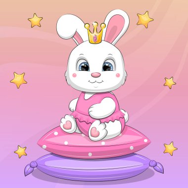A cute cartoon white rabbit with a crown sits on pillows. Vector illustration of an animal on a colorful background with stars.