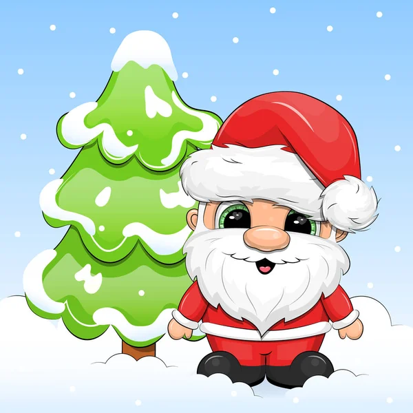 Cute Cartoon Santa Claus Stands Next Winter Tree Vector Illustration — ストックベクタ