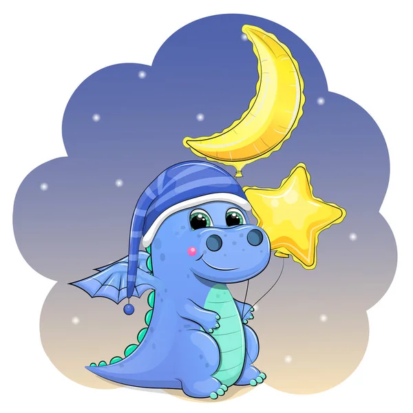 Cute Cartoon Dragon Nightcap Holding Star Moon Balloons Night Animal — Wektor stockowy