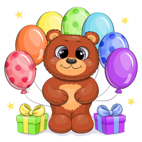 Милый мультяшный бурый медведь с радужными шариками и подарками. Праздничная векторная иллюстрация на белом фоне.