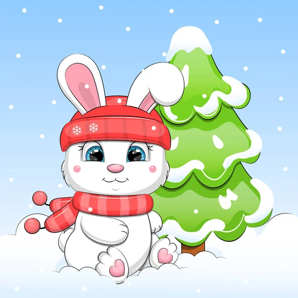 Cute Cartoon White Rabbit Red Hat Scarf Sits Next Fir — 图库矢量图片