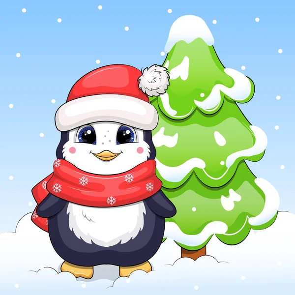 Cute Cartoon Penguin Red Hat Scarf Stands Next Fir Tree — Vettoriale Stock