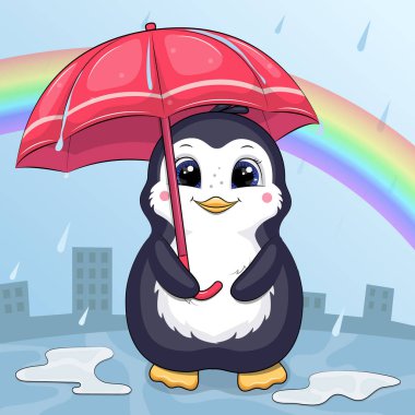 A cute cartoon penguin with an umbrella sits in the rain. Vector illustration of an animal on a blue background with a rainbow.