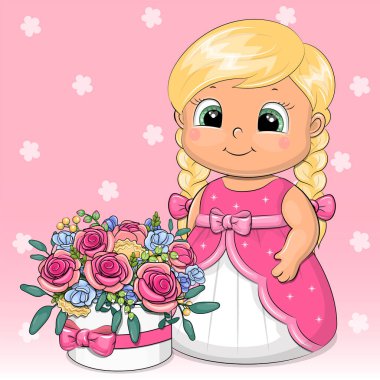 A cute cartoon blond girl in a pink dress is standing next to a box of roses. Vector illustration on a pink background with flowers.