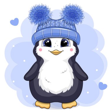 Cute cartoon penguin in a blue hat. Vector illustration of an animal on a blue background with two hearts.