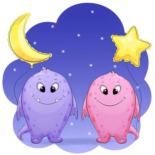Cute Cartoon Couple Monsters Moon Star Balloons Night Vector Illustration —  Vetores de Stock